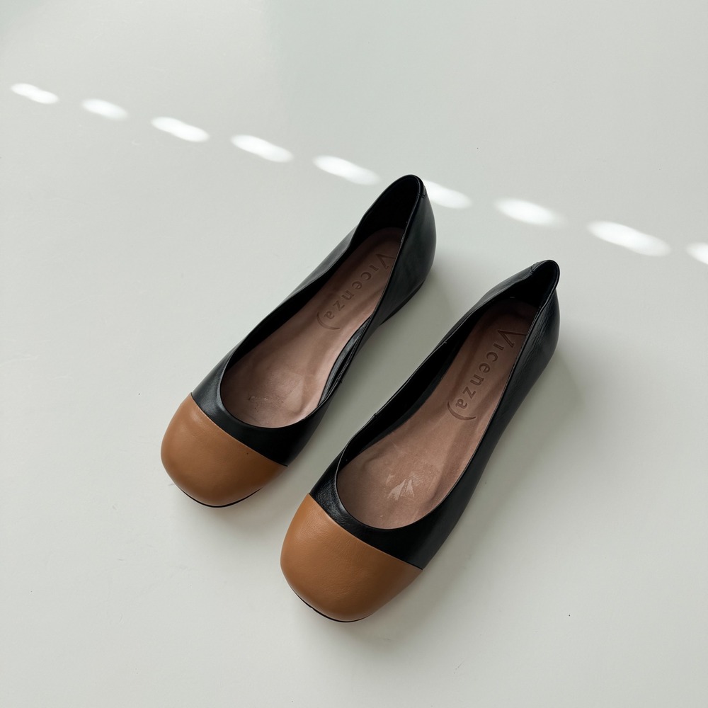 Vicenza Black Leather Two Tone Cap Toe Square Toe Ballet Flats Size 7 Brazil - Picture 3 of 10